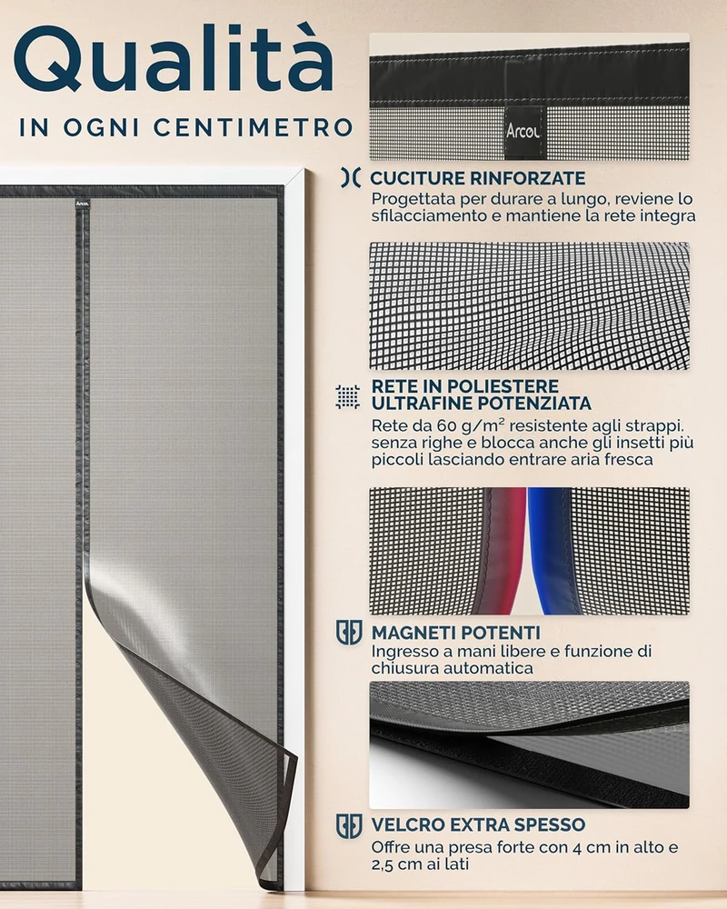 ARCOL magnetinis tinklelis nuo vabzdžių durims, reguliuojamo pločio, 155 × 215 cm, juoda