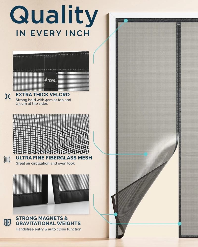 ARCOL magnetinis tinklelis nuo vabzdžių durims ir langams, 80 × 250 cm, juoda, stiklo pluošto medžiaga