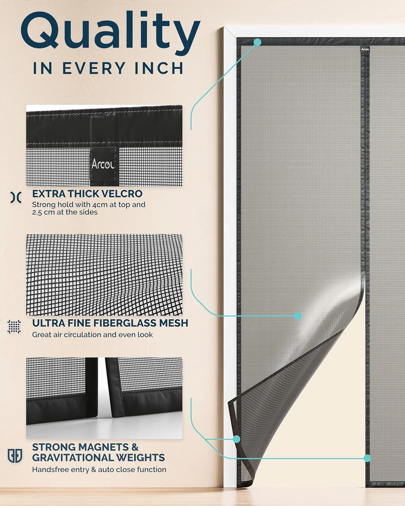 ARCOL magnetinis tinklelis nuo vabzdžių durims ir langams, 80 × 250 cm, juoda, stiklo pluošto medžiaga