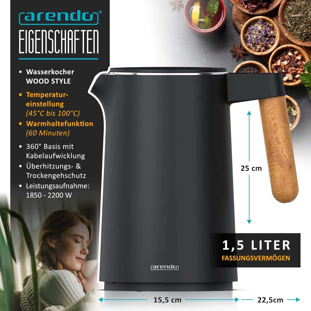 Arendo elektrinis virdulys 1,5 l, 2200 W, temperatūros reguliavimas, dvigubos sienelės