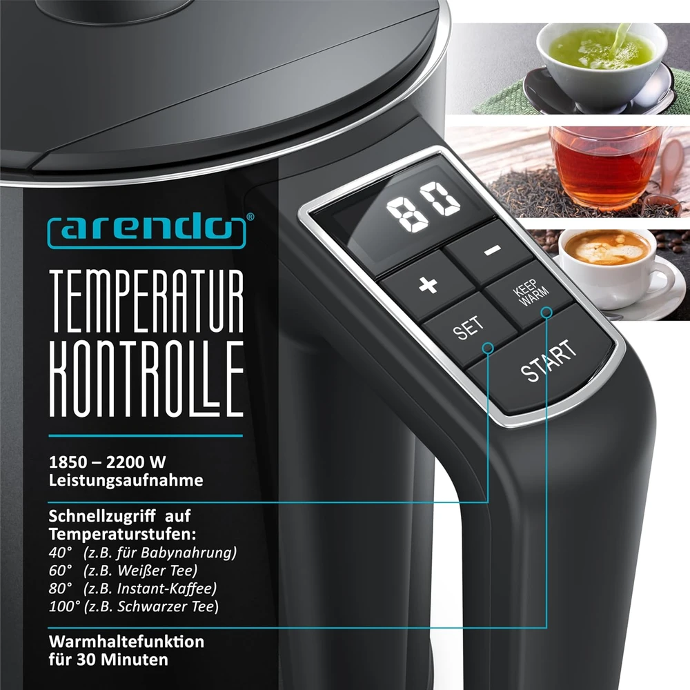 Arendo elektrinis virdulys su temperatūros reguliavimu 40–100 °C, 1,5 l, 2200 W ELEGANT