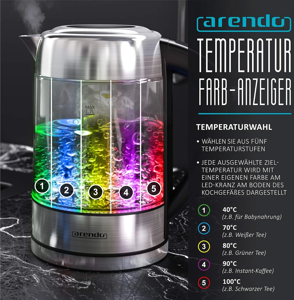 Arendo elektrinis virdulys su temperatūros reguliavimu 1,7 l, 2200 W, 85168161
