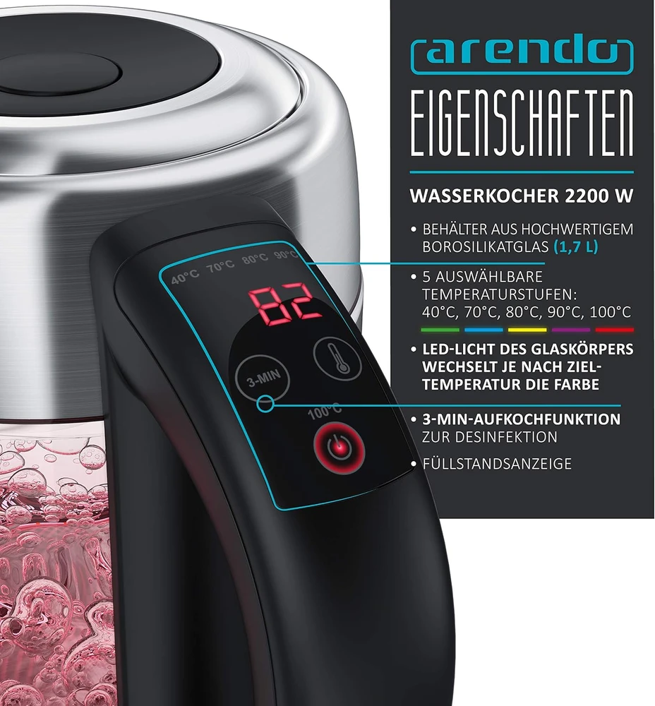 Arendo elektrinis virdulys su temperatūros reguliavimu 1,7 l, 2200 W, 85168161