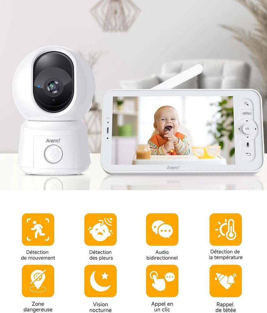 ARENTI elektroninė auklė su 1080p PTZ kamera, 5 colių ekranu ir Wi-Fi AInannyB2Kit