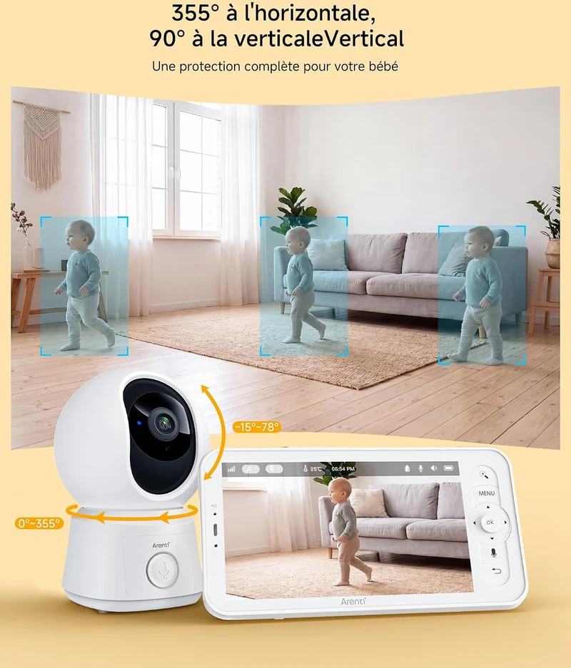 ARENTI elektroninė auklė su 1080p PTZ kamera, 5 colių ekranu ir Wi-Fi AInannyB2Kit