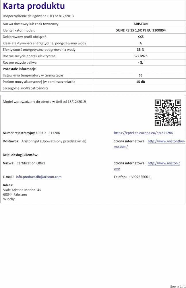 Ariston elektrinis vandens šildytuvas 15 l, 1,2 kW, montuojamas virš praustuvo, Dune RS 3100854