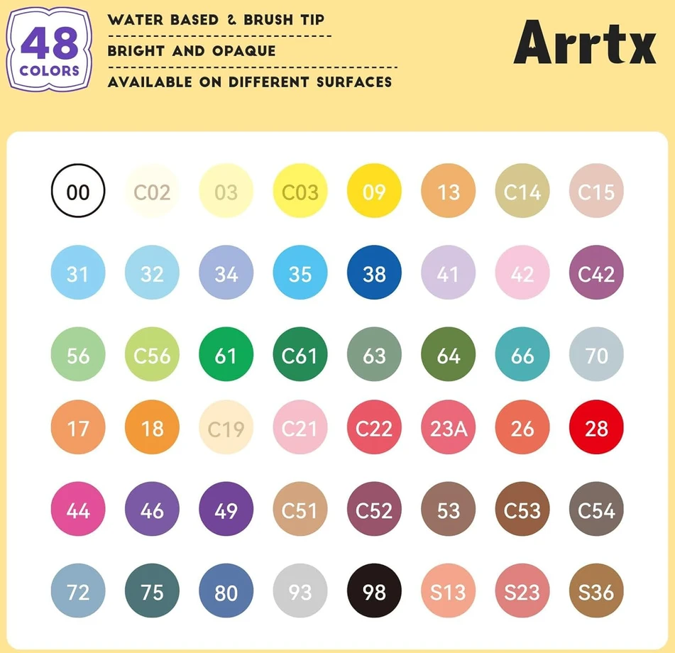 Arrtx akriliniai žymekliai su teptuko tipo antgaliais, 48 vnt., 1–6 mm, atsparūs vandeniui, AACM-0548E