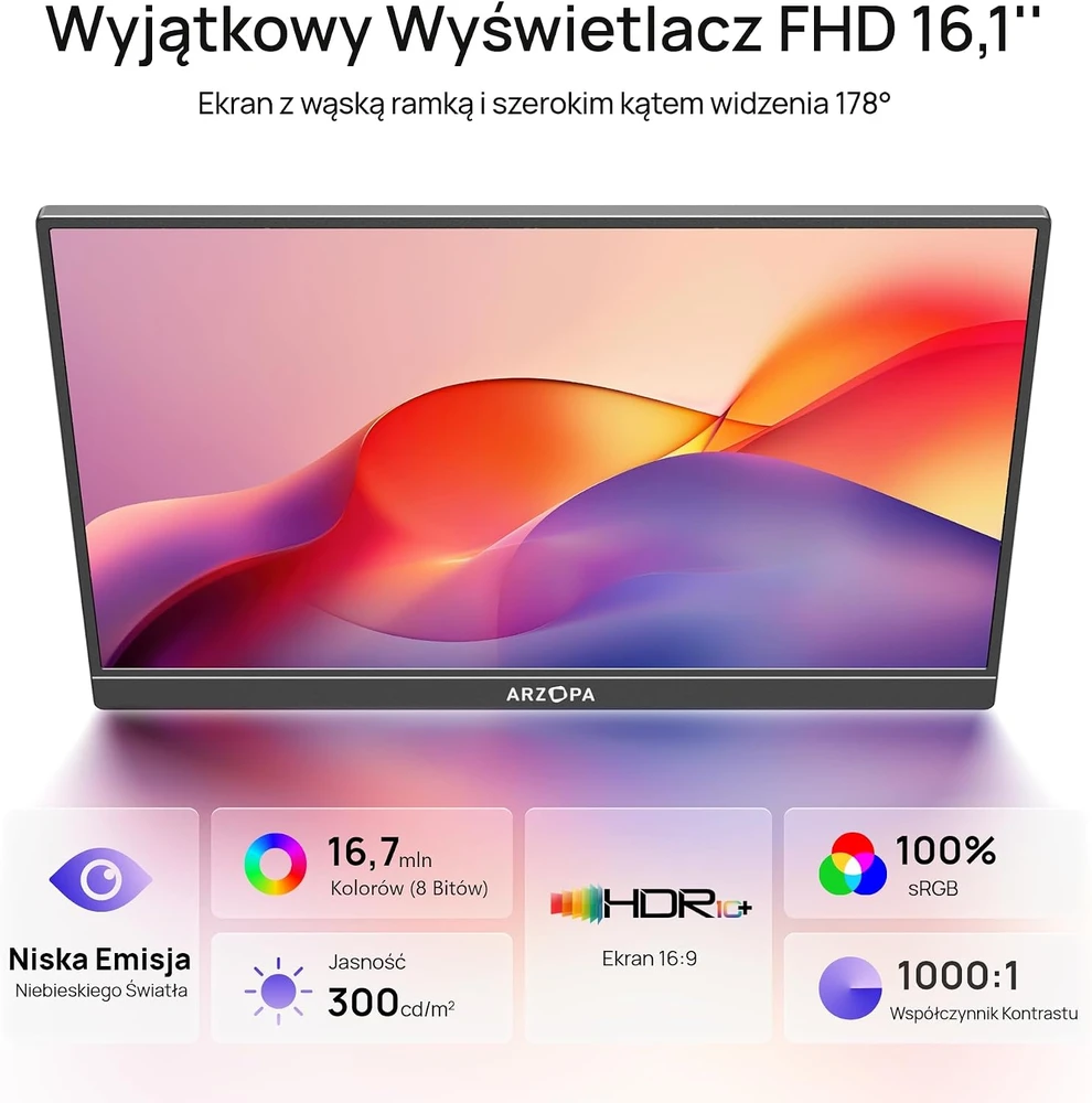 ARZOPA nešiojamasis IPS monitorius 16,1 col. FHD 100% sRGB HDR10 Z1C