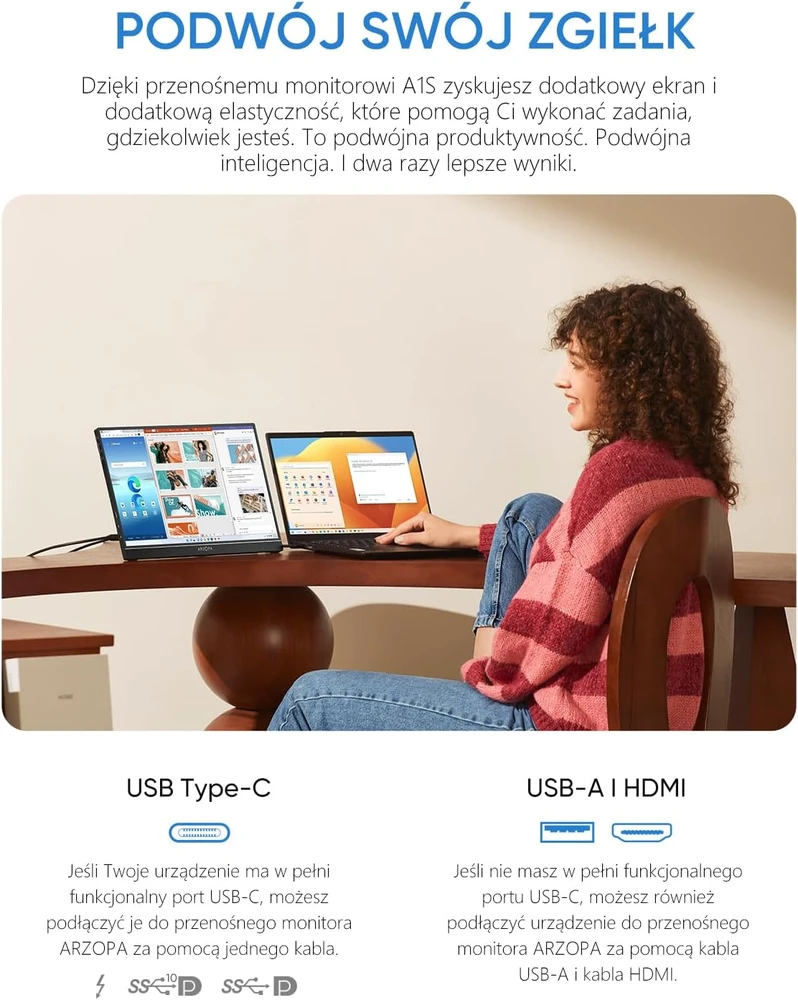 ARZOPA nešiojamasis monitorius 14 colių FHD IPS 1920 × 1080 60 Hz A1S