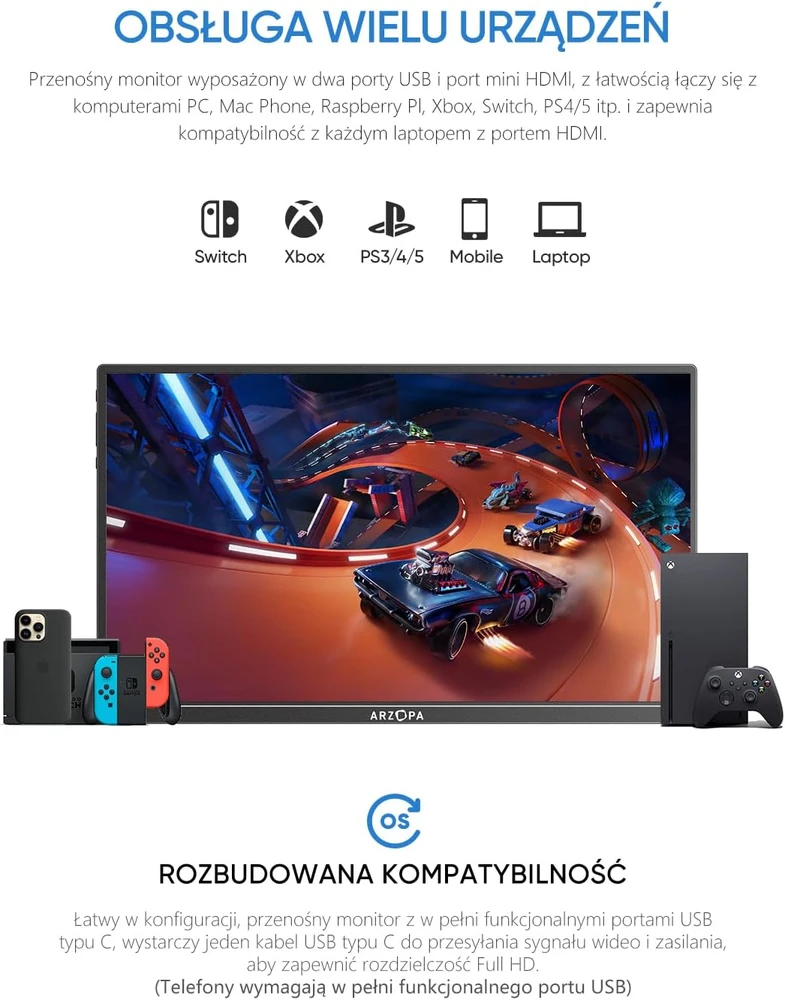 ARZOPA nešiojamasis monitorius 14 colių FHD IPS 1920 × 1080 60 Hz A1S