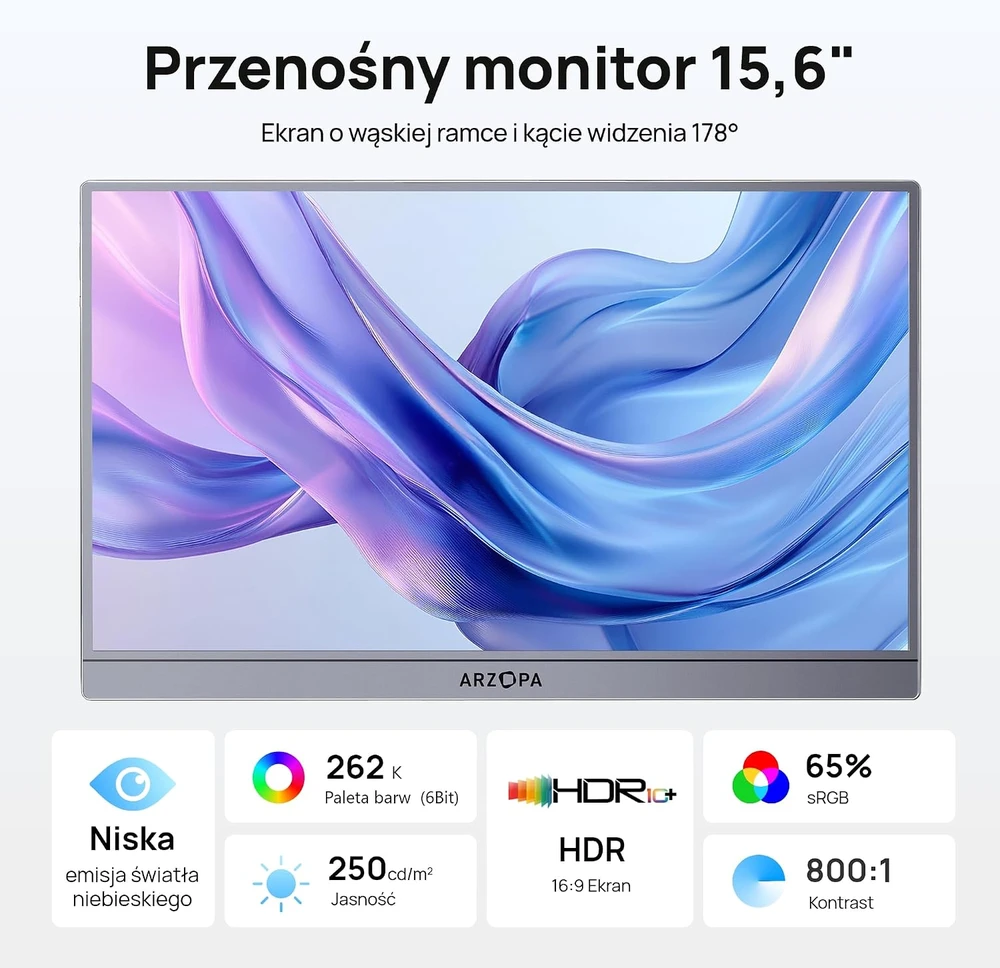 ARZOPA nešiojamasis monitorius 15,6 col. Full HD IPS HDR10, A1, pilkas