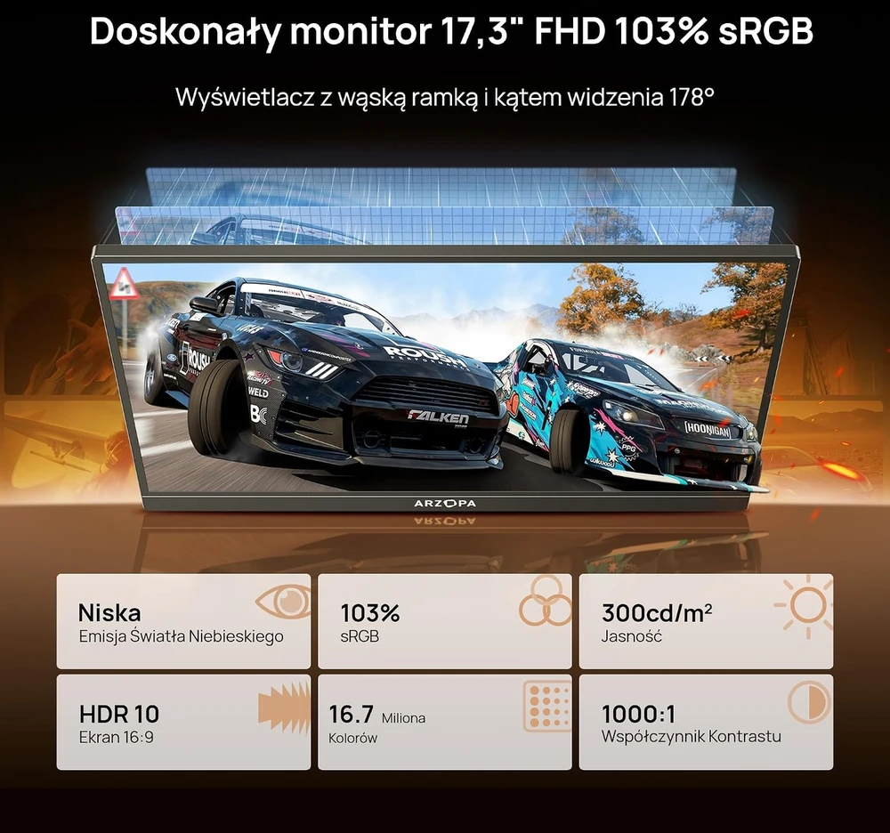 ARZOPA nešiojamasis monitorius 17,3 colių FHD IPS HDR 60 Hz su USB-C ir HDMI A1M