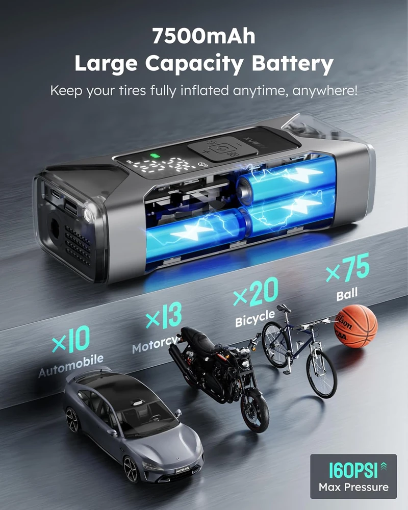 ASMAX nešiojamas akumuliatorinis oro kompresorius 160 PSI, 7500 mAh, T10