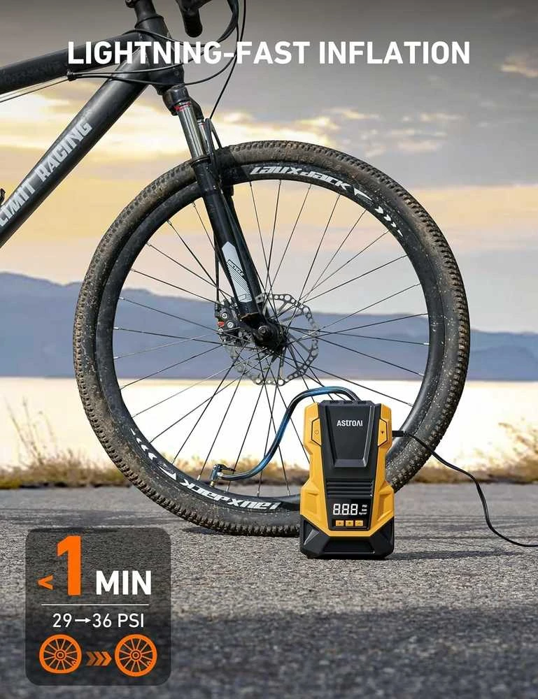 AstroAI 2-in-1 automobilinis oro kompresorius 12V/230V, 10.3 bar, geltonas