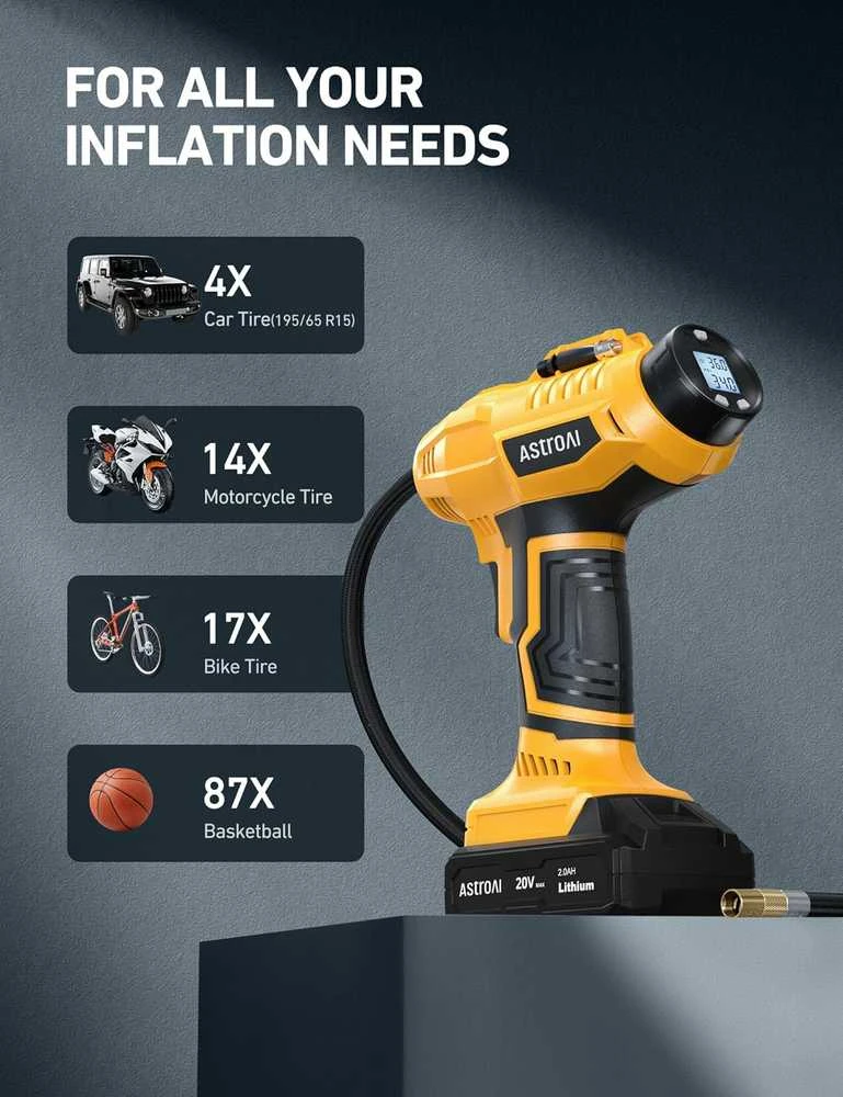 AstroAI belaidis automobilinis oro kompresorius, 20 V, 160 PSI, su akumuliatoriumi ir LED