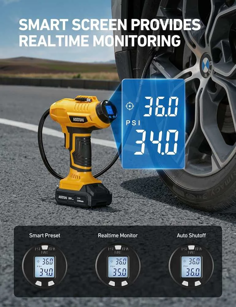 AstroAI belaidis automobilinis oro kompresorius, 20 V, 160 PSI, su akumuliatoriumi ir LED