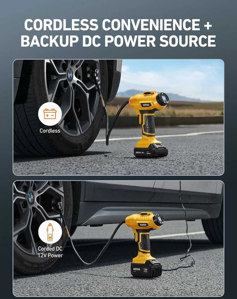 AstroAI belaidis automobilinis oro kompresorius, 20 V, 160 PSI, su akumuliatoriumi ir LED
