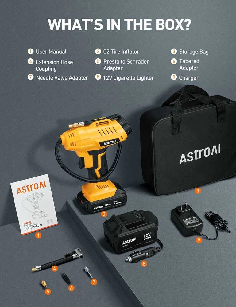 AstroAI belaidis automobilinis oro kompresorius, 20 V, 160 PSI, su akumuliatoriumi ir LED