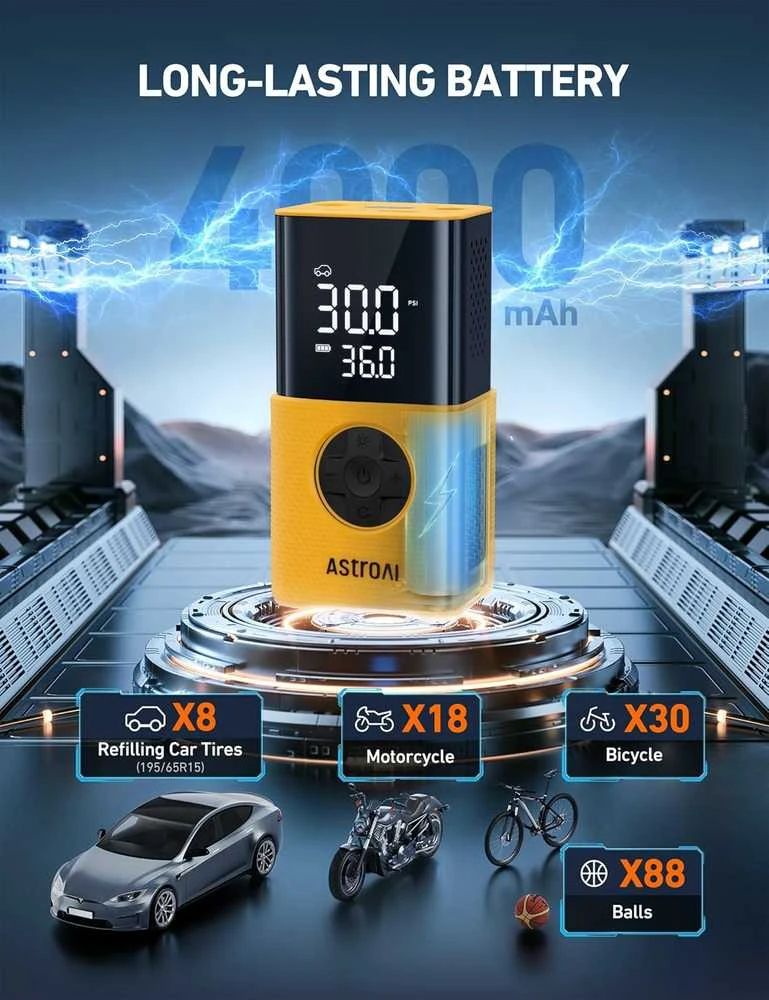 AstroAI belaidis automobilinis padangų kompresorius Airun L7s, 12 V, geltonas