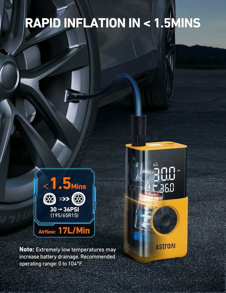 AstroAI belaidis automobilinis padangų kompresorius Airun L7s, 12 V, geltonas