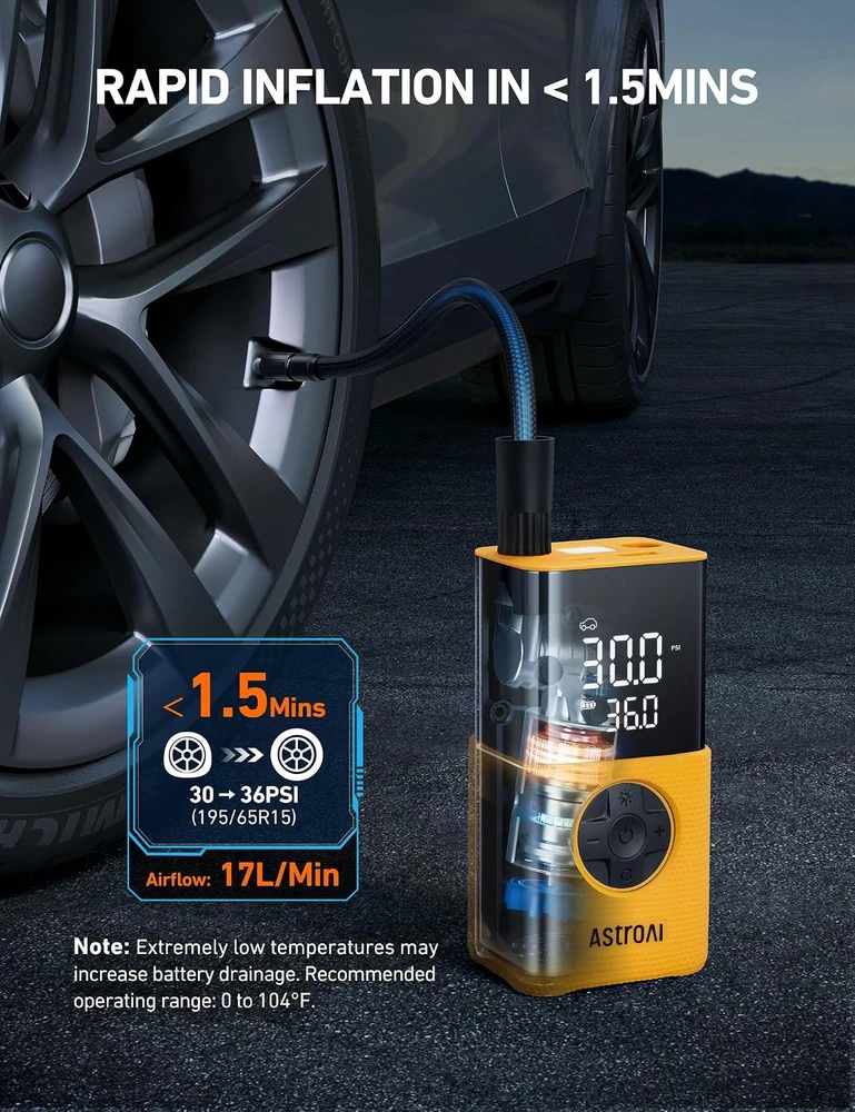 AstroAI belaidis automobilinis padangų kompresorius Airun L7s, 12 V, geltonas
