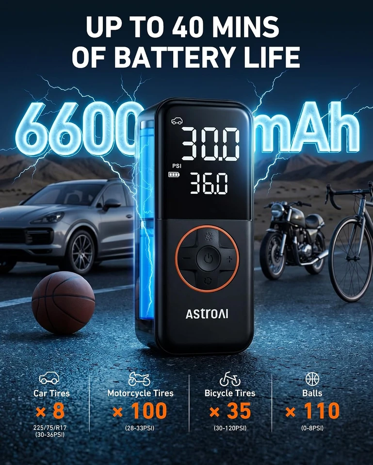 AstroAI belaidis padangų oro kompresorius 150 PSI su manometru ir LED AIRUN L4