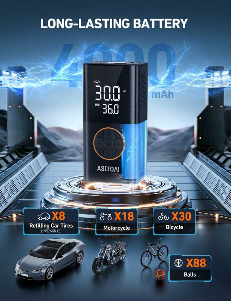 AstroAI L7 belaidis automobilinis padangų kompresorius su akumuliatoriumi, 150 PSI, juodas