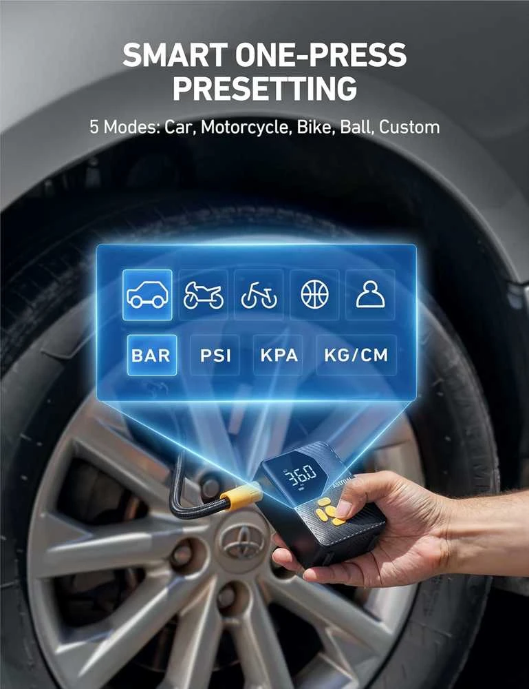 AstroAI L7 Mini nešiojamas automobilinis oro kompresorius, akumuliatorinė padangų pompa, juodas