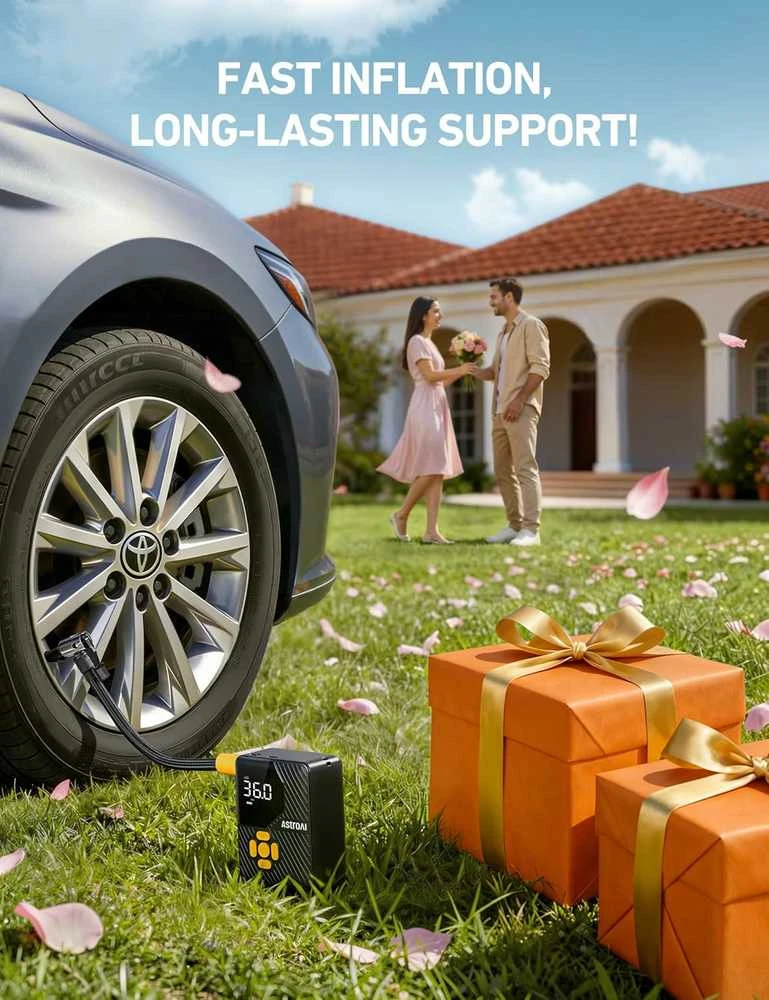 AstroAI L7 Mini nešiojamas automobilinis oro kompresorius, akumuliatorinė padangų pompa, juodas