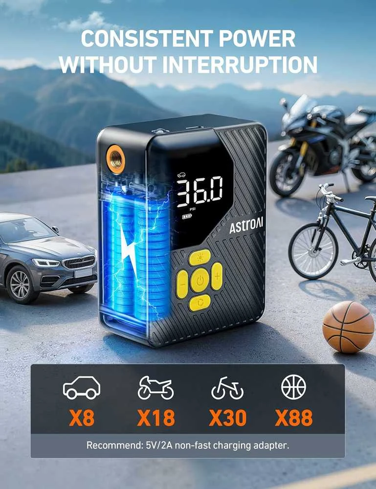 AstroAI L7 Mini nešiojamas automobilinis oro kompresorius, akumuliatorinė padangų pompa, juodas