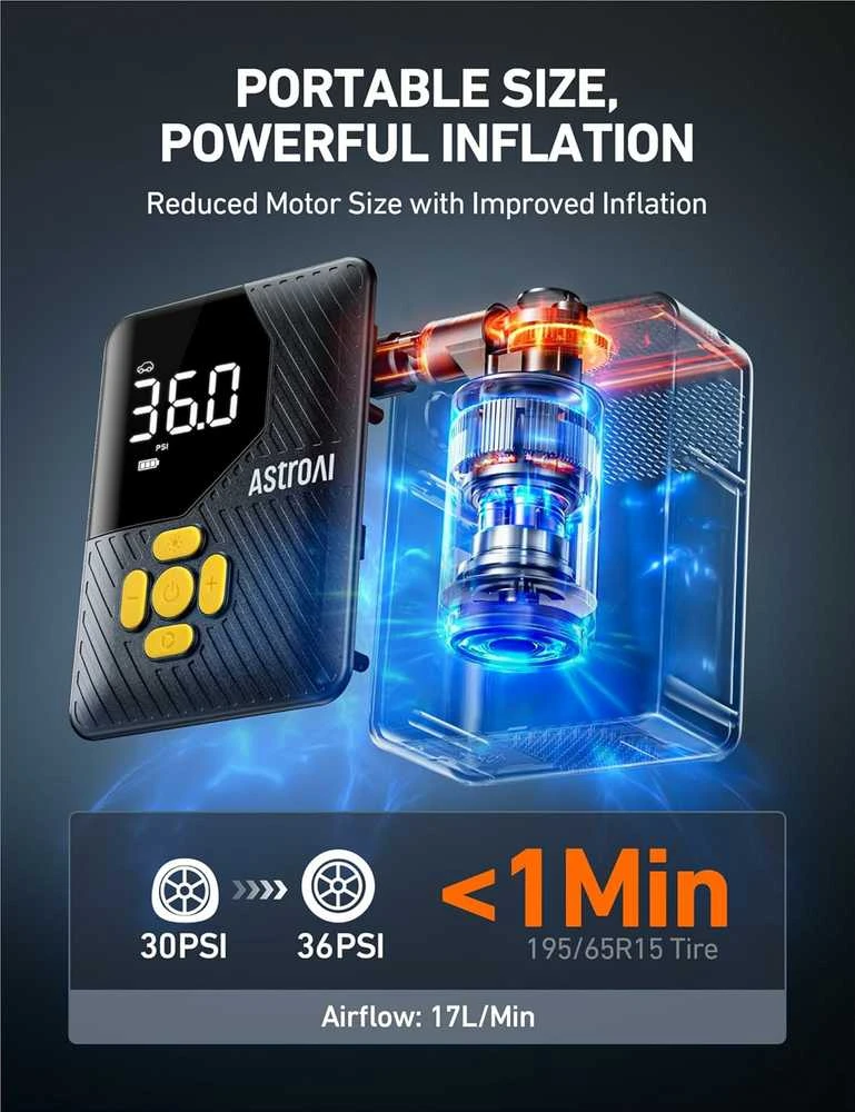 AstroAI L7 Mini nešiojamas automobilinis oro kompresorius, akumuliatorinė padangų pompa, juodas