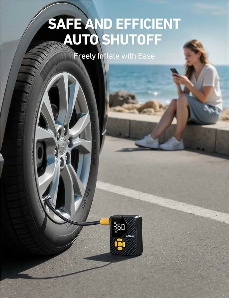 AstroAI L7 Mini nešiojamas automobilinis oro kompresorius, akumuliatorinė padangų pompa, juodas