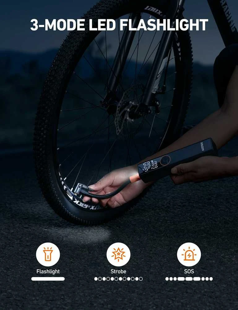 AstroAI nešiojama elektrinė dviračio pompa, 150 PSI, su manometru ir LED, AIRUN L8