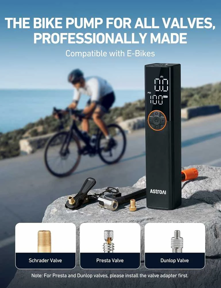 AstroAI nešiojama elektrinė dviračio pompa, 150 PSI, su manometru ir LED, AIRUN L8