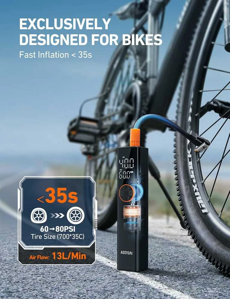 AstroAI nešiojama elektrinė dviračio pompa, 150 PSI, su manometru ir LED, AIRUN L8