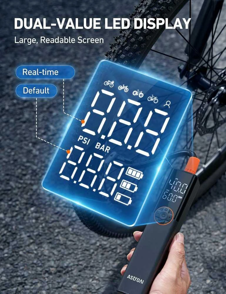AstroAI nešiojama elektrinė dviračio pompa, 150 PSI, su manometru ir LED, AIRUN L8