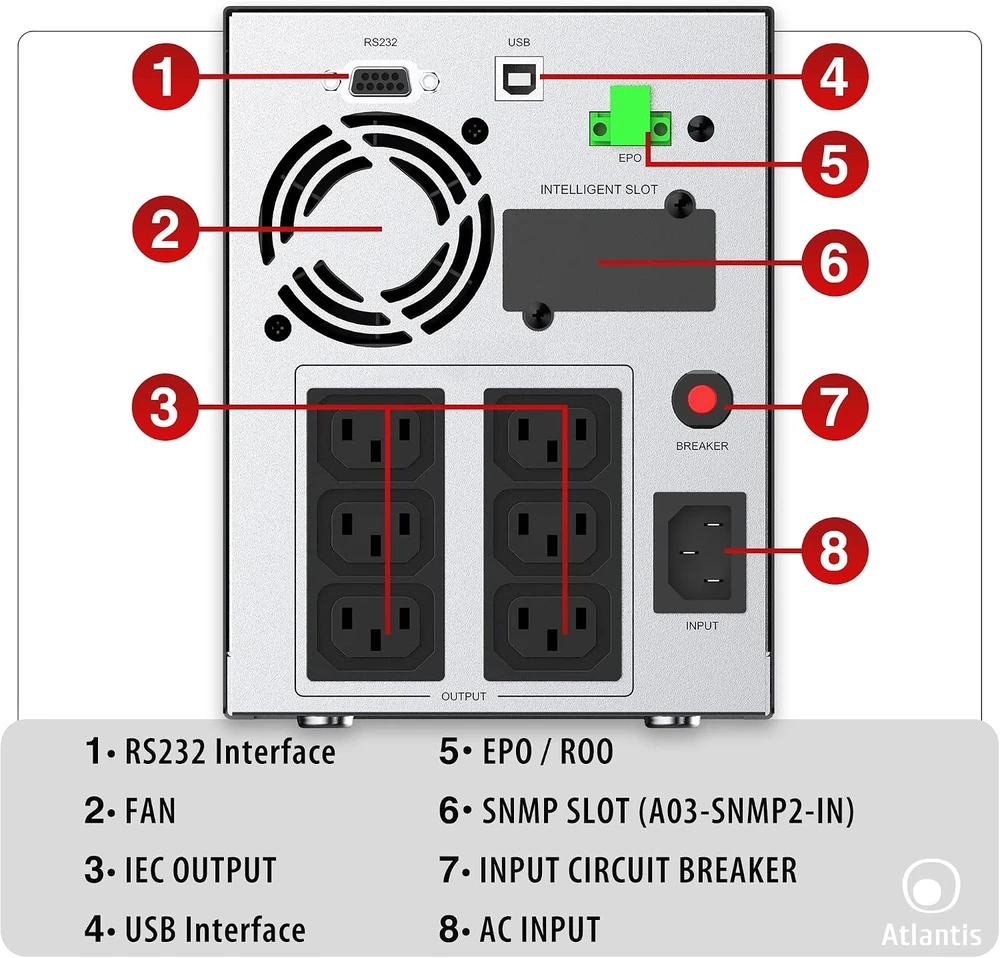 Atlantis UPS avarinio maitinimo šaltinis 2000 VA 1400 W Line-Interactive, gryna sinusoidė, 6 IEC išėjimai, A03-HP3003P
