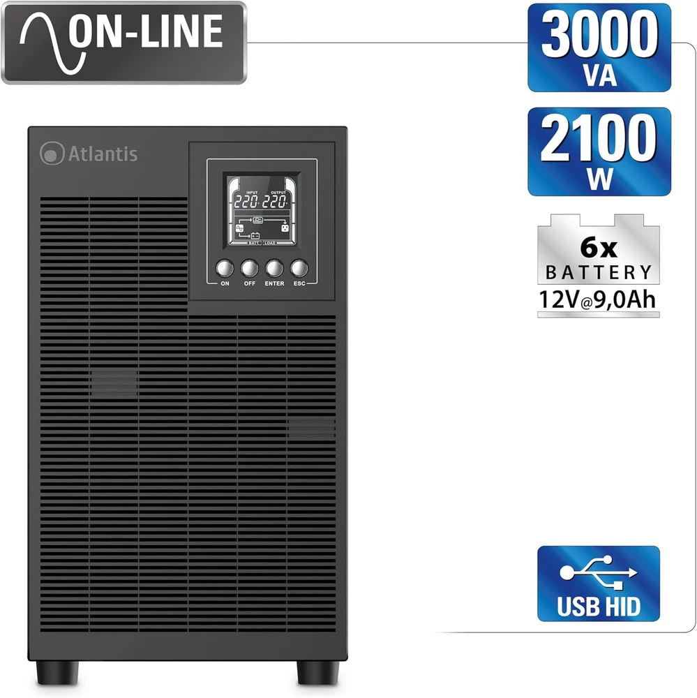 Atlantis UPS maitinimo šaltinis Online 3000 VA, 2100 W, metaliniame korpuse, žemas triukšmo lygis, 4 IEC, USB, LCD, A03-OP3002XLN