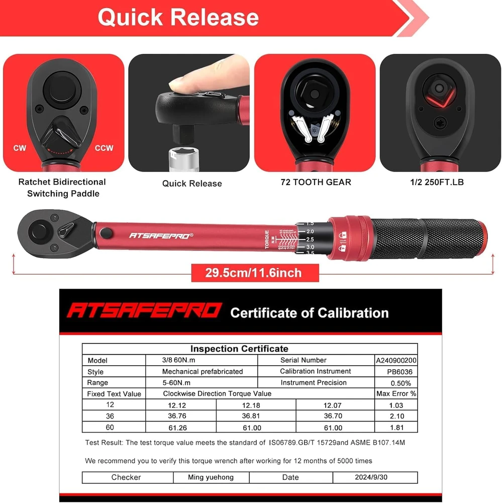 ATsafepro dinamometrinis raktas 3/8 col., 5–60 Nm, 72 dantų AT215B001-5,60NM