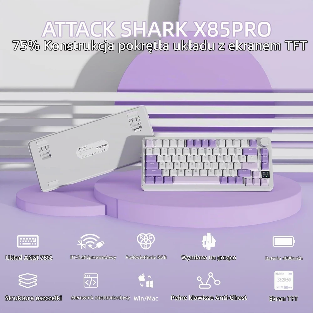 ATTACK SHARK belaidė mechaninė žaidimų klaviatūra 75 %, Bluetooth, 2,4 GHz, USB-C X85PRO