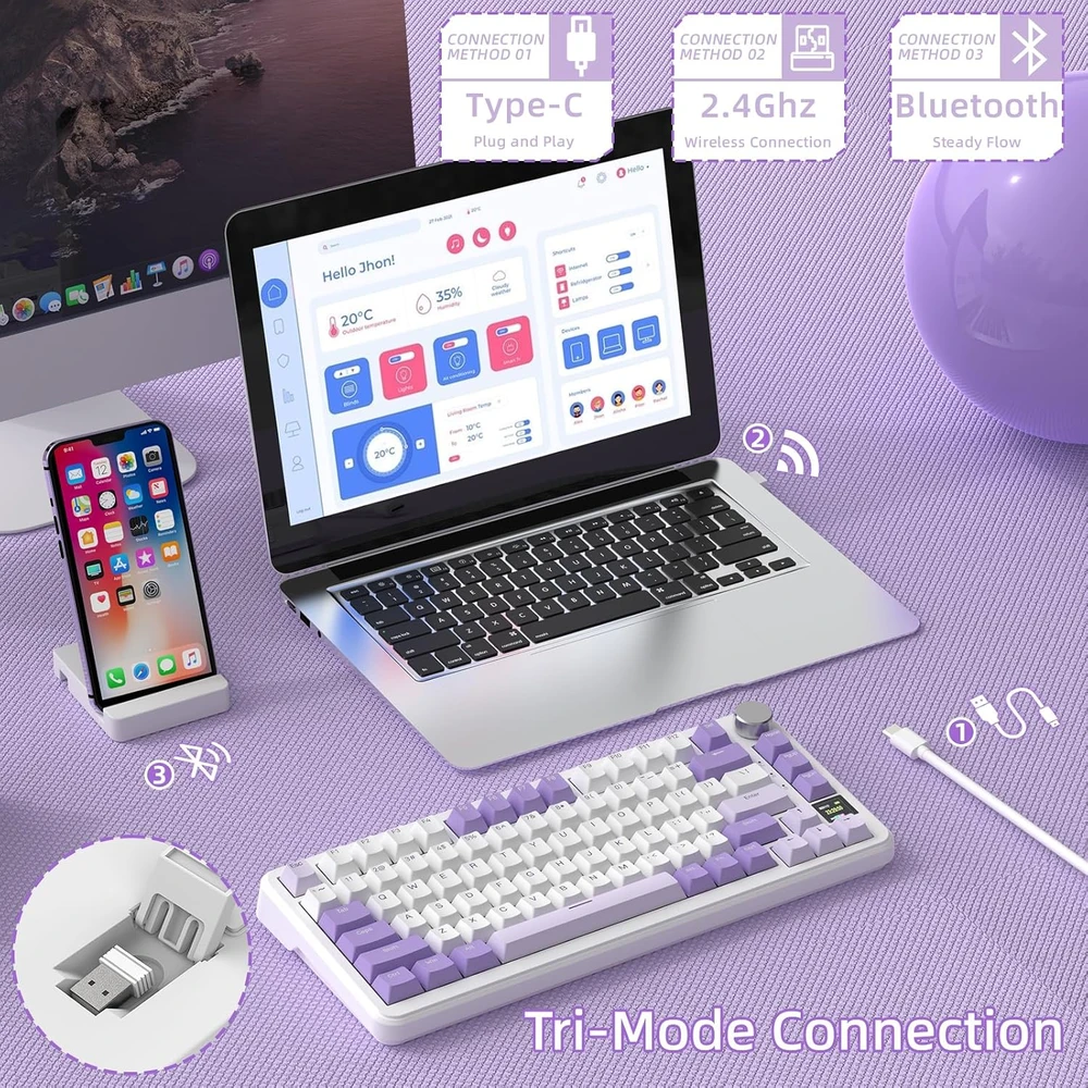 ATTACK SHARK belaidė mechaninė žaidimų klaviatūra 75 %, Bluetooth, 2,4 GHz, USB-C X85PRO