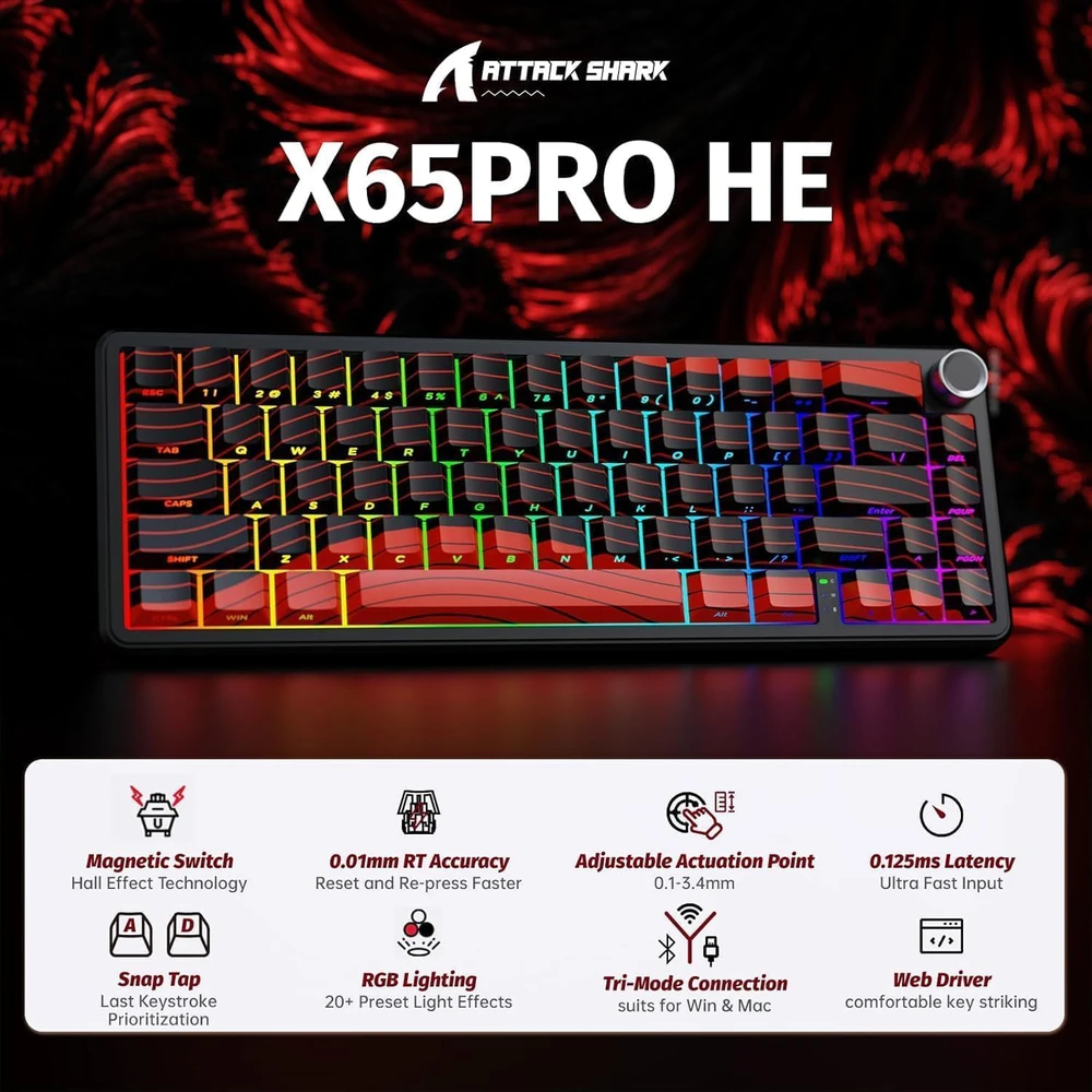 ATTACK SHARK belaidė žaidimų klaviatūra su Hall Effect jungikliais ir X11 pelė, 8000Hz, RGB, 22K DPI