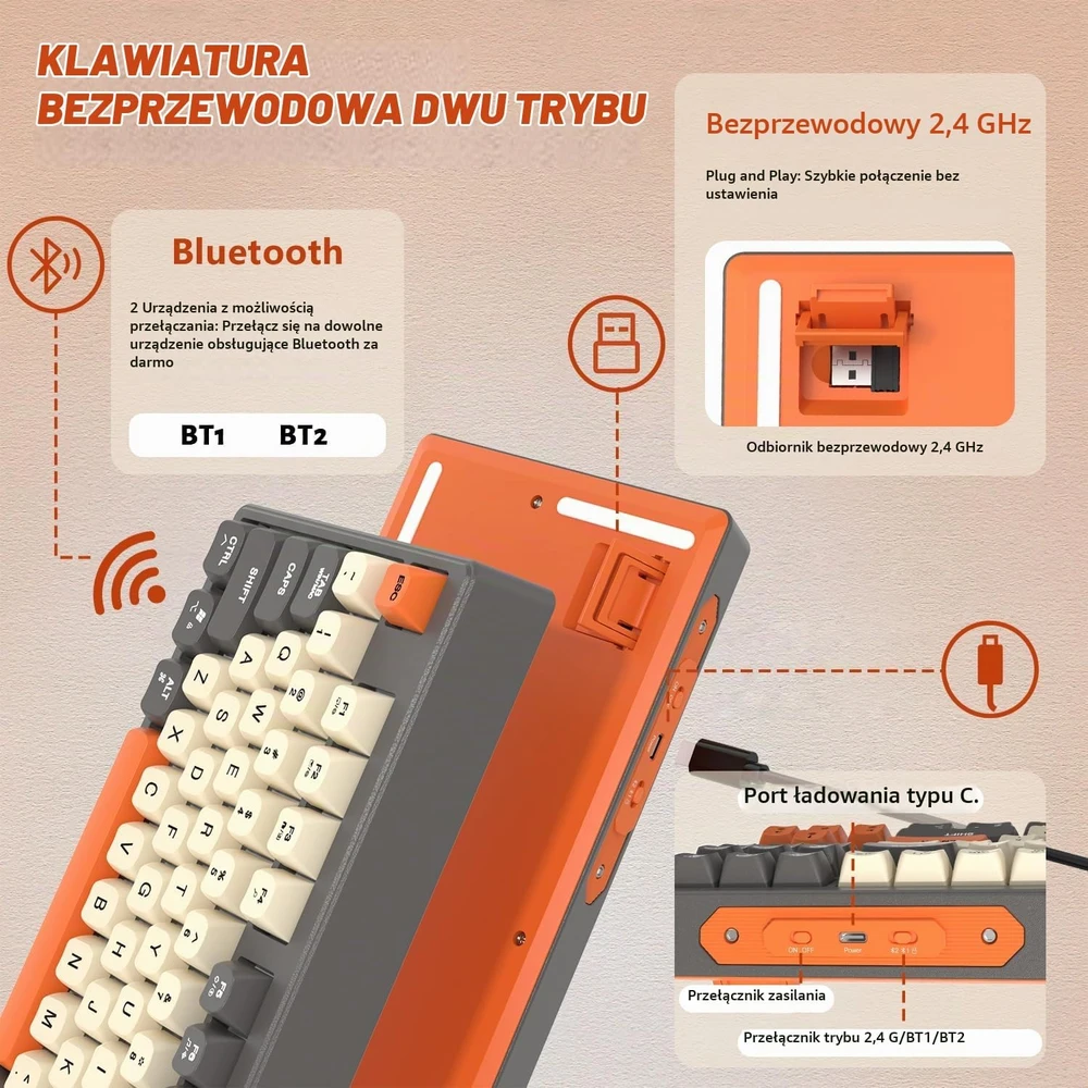 ATTACK SHARK belaidė žaidimų klaviatūra M87 TKL, Bluetooth, 2,4 GHz, RGB, 87 klavišai