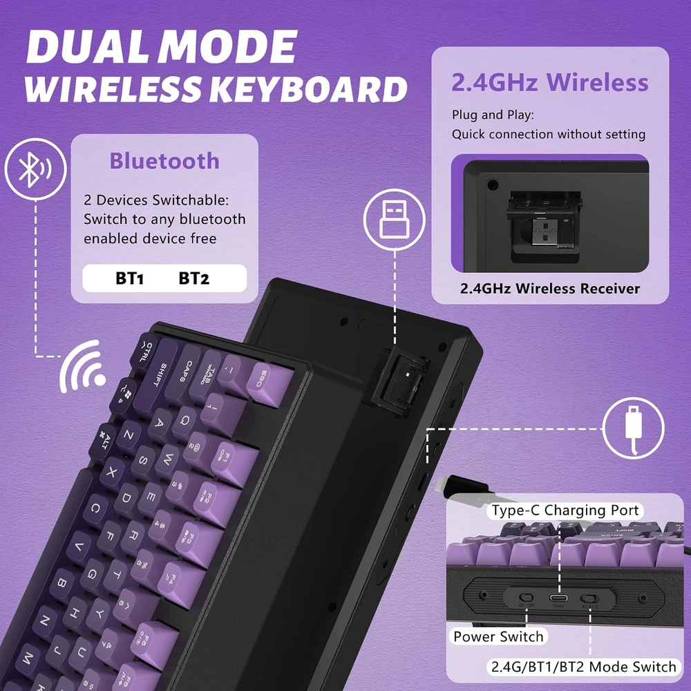 ATTACK SHARK belaidė žaidimų klaviatūra M87, 87 klavišų, Bluetooth ir 2,4 GHz, RGB