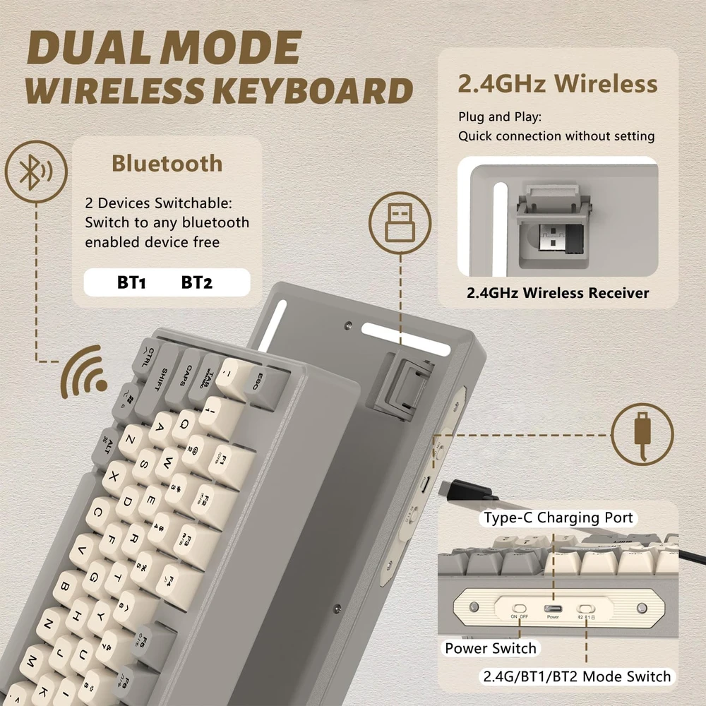 ATTACK SHARK belaidė žaidimų klaviatūra 80 % Bluetooth 2,4 GHz RGB M87