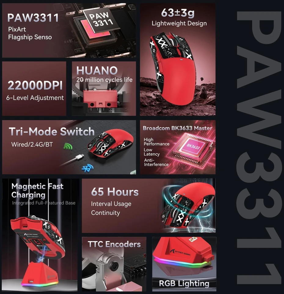 ATTACK SHARK belaidė žaidimų klaviatūra su Hall Effect jungikliais ir X11 pelė, 8000Hz, RGB, 22K DPI
