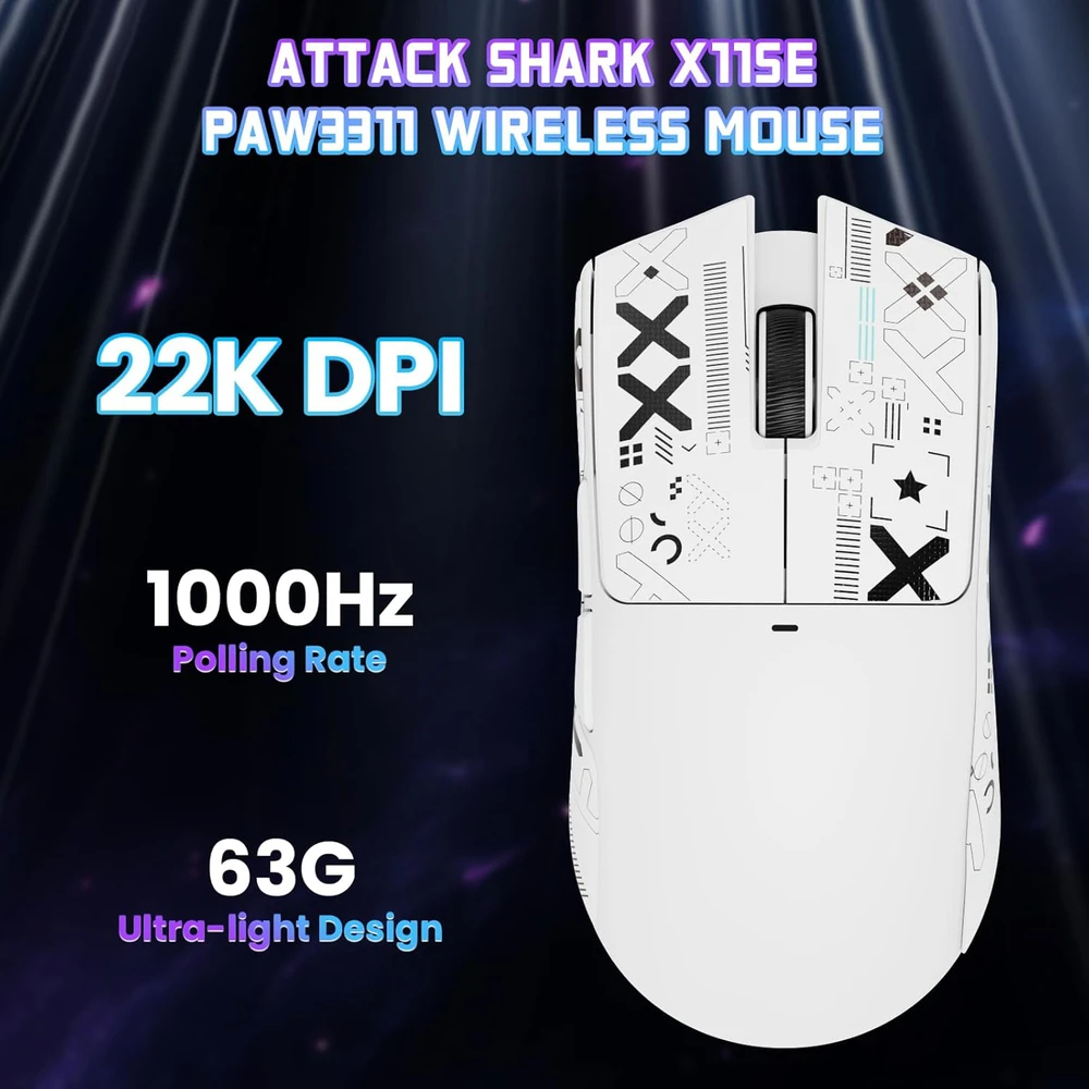ATTACK SHARK belaidė žaidimų pelė, 22000 DPI, 63 g, BT/2.4 GHz/USB-C, X11SE