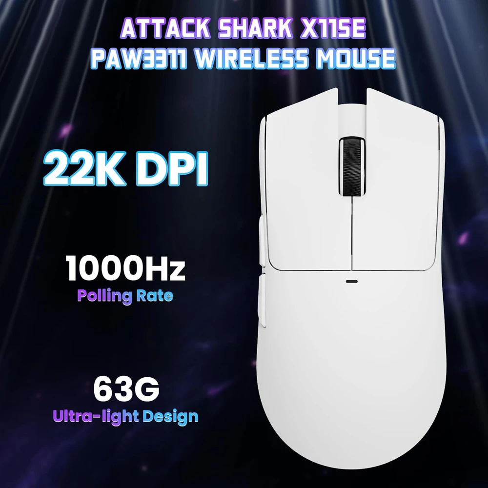 ATTACK SHARK belaidė žaidimų pelė, 22000 DPI, 63 g, BT/2.4 GHz/USB-C, X11SE