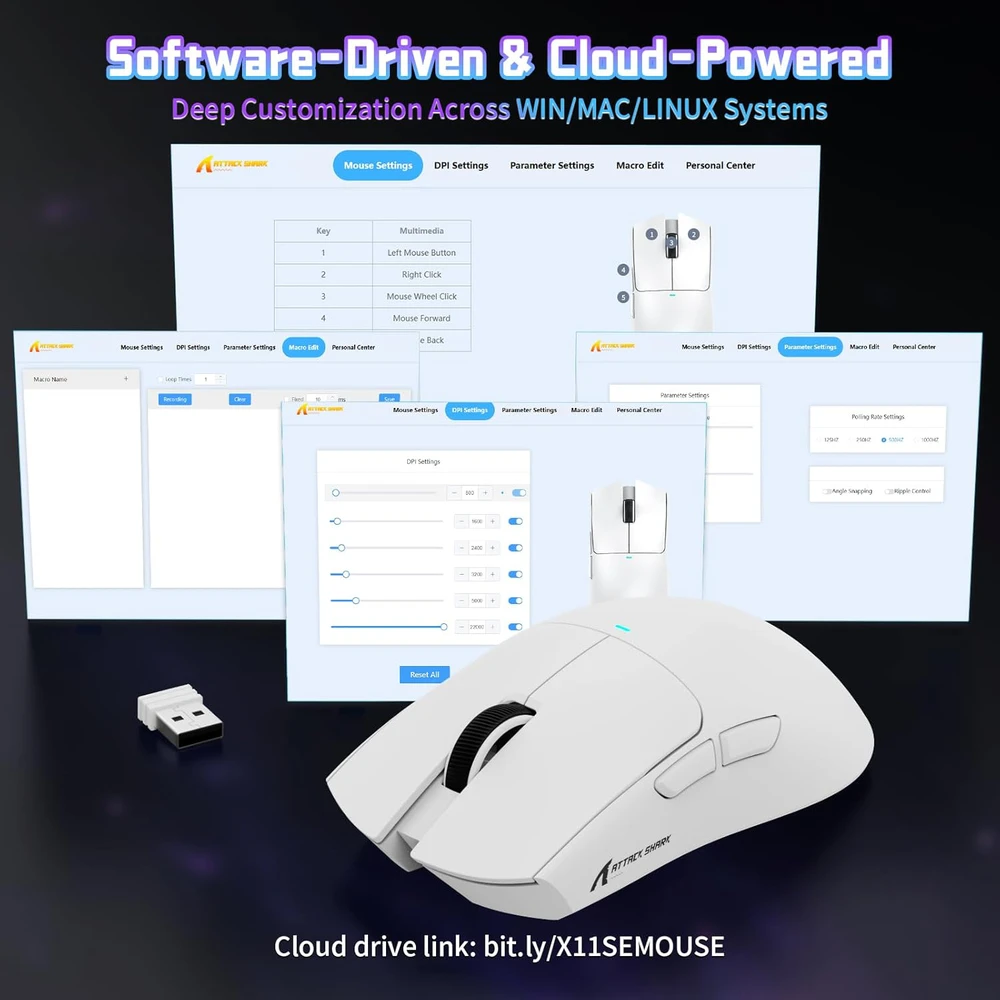 ATTACK SHARK belaidė žaidimų pelė, 22000 DPI, 63 g, BT/2.4 GHz/USB-C, X11SE