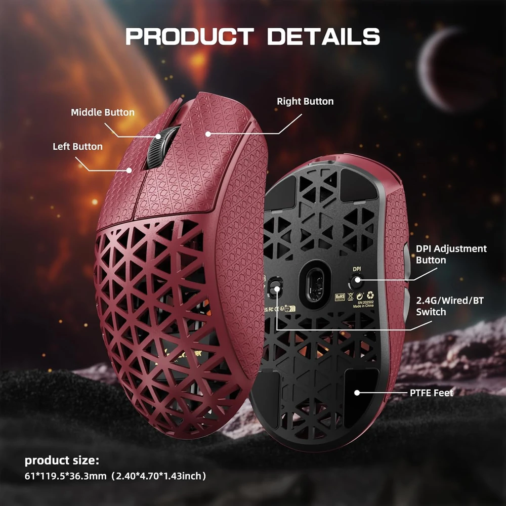 ATTACK SHARK belaidė žaidimų pelė, 42000 DPI, 8KHz, 39g, USB-C/Bluetooth, raudona